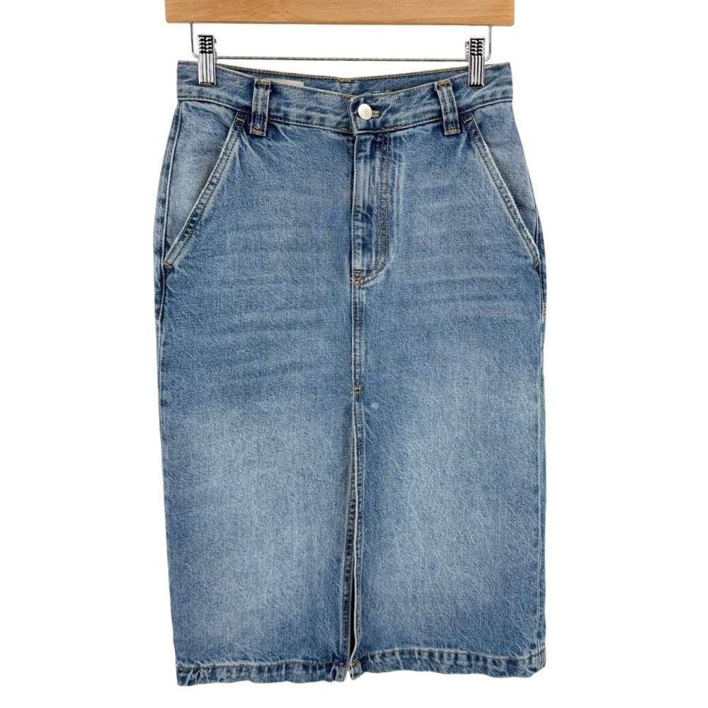 Pilcro Womens Size 26 High Waisted Jean Skirt Front Slit Midi Denim Boho Classic